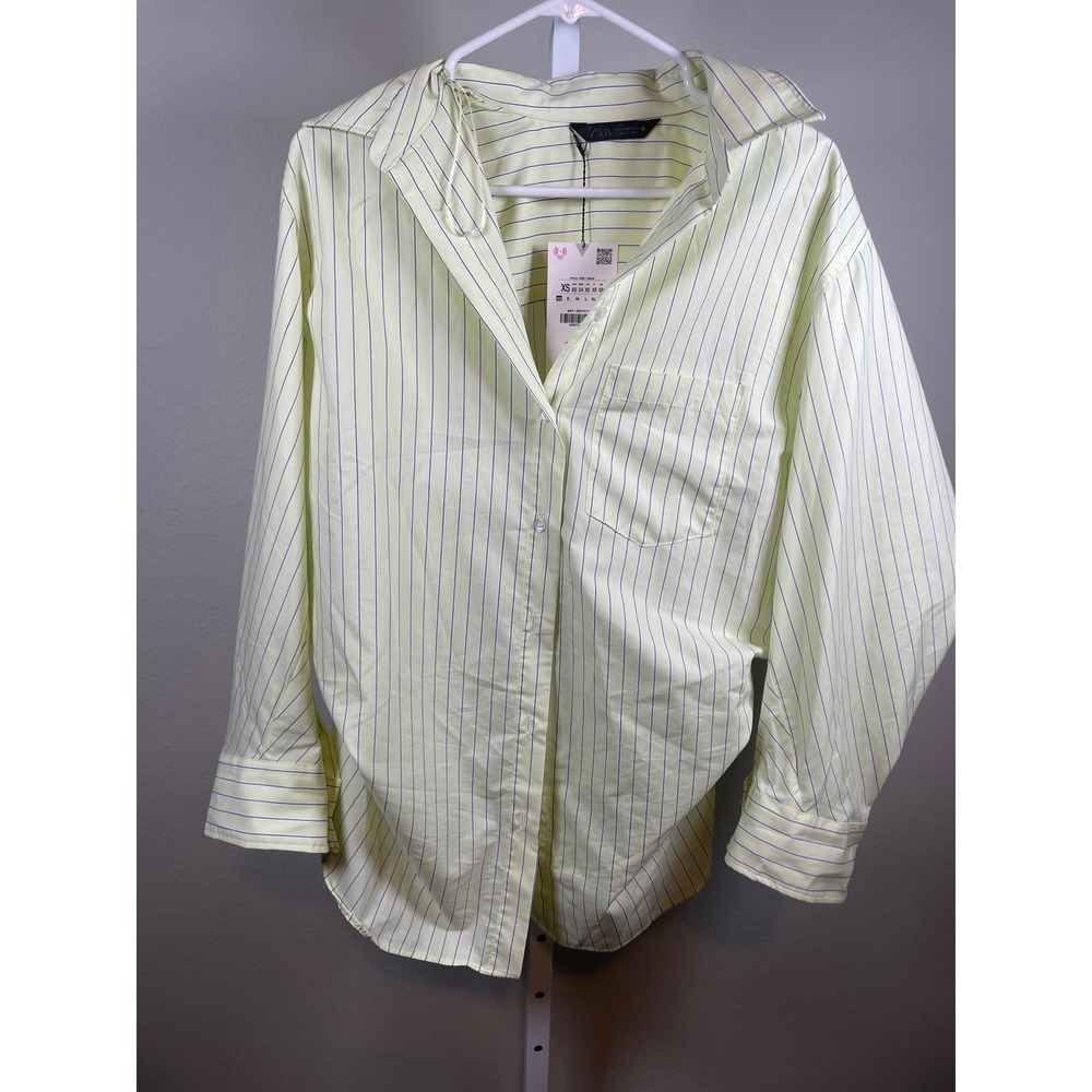 NWT Zara Button Down Shirt Women's XS Lime Green Striped Oversized Poplin NEW